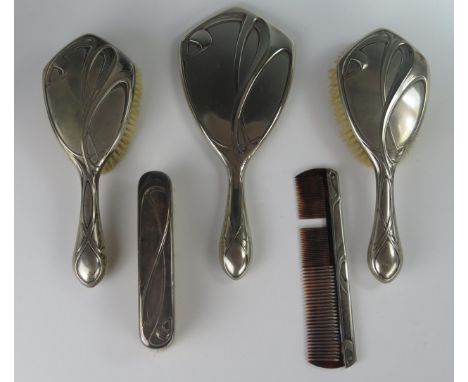 A WMF Art Nouveau Five Part Hand Mirror, Bush and Comb Set 