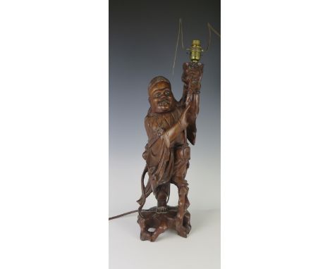 A Chinese Carved Wooden Figural Lamp, 48cm without fitment 