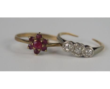 A 9ct Gold and Ruby Cluster Ring (size N, 1.4g) and one damaged (1.5g) 