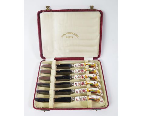 A Cased Set of Royal Crown Derby Porcelain Hadled Tea Knives 