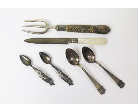 Two Pairs of Unmarked Chinese Silver Teaspoons and plate 