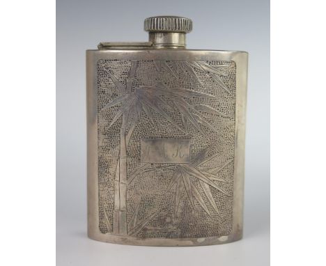 An Asian .90 Silver Hip Flask with bamboo decoration, c. 11.5cm high, 135g 