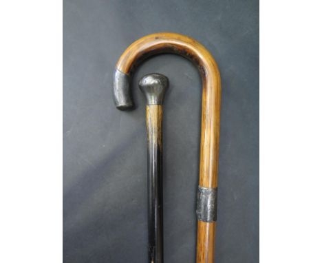 Silver Topped Walking Cane &amp; A Walking Stick With Silver Band.