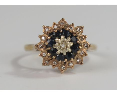 A 9ct Gold, Sapphire and Diaond Cluster Ring, 15mm head, size R, 3.5g 