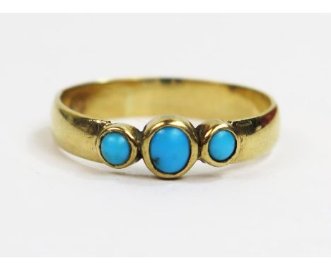 A Large 9ct Gold and Turquoise Three Stone Ring, size Y.5, 3.7g 