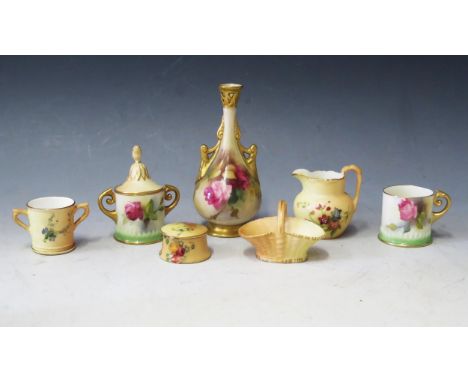 A Small Royal Worcester Rose Decorated Vase (12cm) and miniatures 