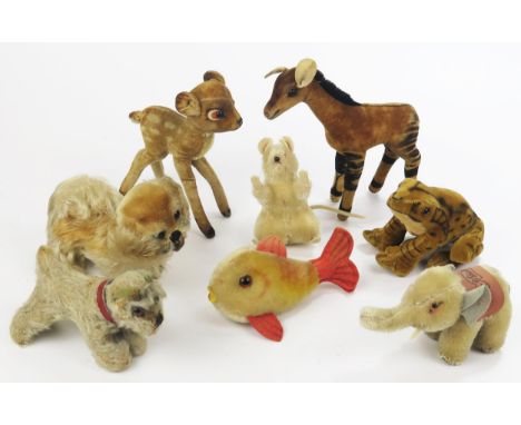 A Collection of Steiff Stuffed Toys Including 2 Dogs, Okapi, Bambi, Rat, Elephant, Frog and Fish 