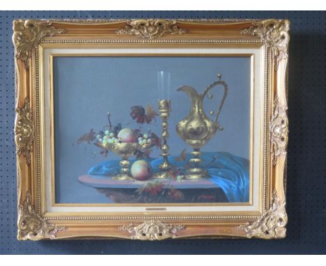 Jozsef Molnar, Hungary 1939, Still Life with Candlestick, Ewer and Fruit, Signed, oil on canvas, 60 x 44cm, Framed 