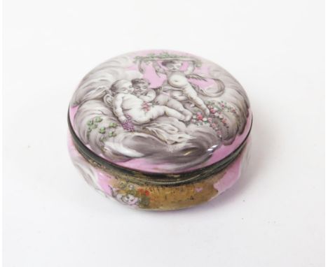 A 19th Century Enamel Patch Pot decorated with putti, gilt lined interior with indistinct marks, 52mm diam. Damaged area to b