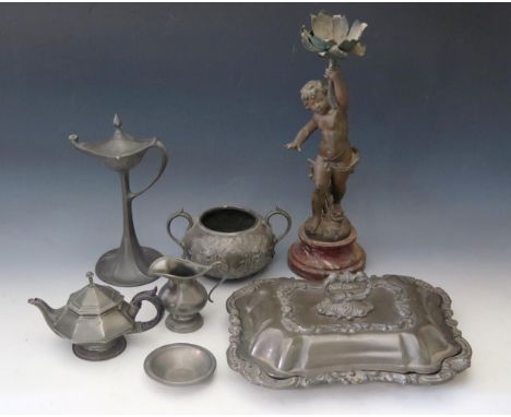 A Spelter Figural Lamp (41cm), Kayserzinn Art Nouveau pewter lamp and other pewter 