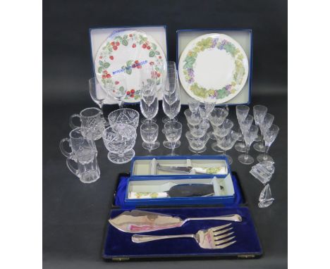 A Selection of Glassware including Dartington crystal champagne flutes, Swarovski grand piano, cased silver plated fish serve