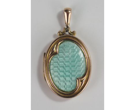 A 9ct Gold Front and Back Locket with guilloché enamel panel, 42mm drop 