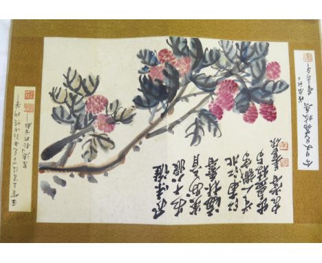 A Traditional Chinese Scroll Painting, ink and watercolour on paper, attributed to Wu Changshuo and inscribed by Dong Shoupin