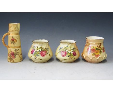 A Pair of Royal Worcester Floral Decorated Pots, one other pot and small jug (13cm high) 