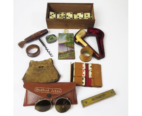 A Cased Tobacco Pipe, chess set, small spirit level, HMV needle case, corkscrew etc. 