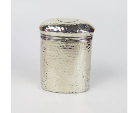 An Edward VII Silver Oval Tea Caddy with planished decoration, 10cm tall, London 1903, Finnigans Ltd., 110g 