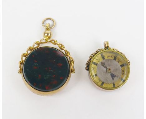 A Large 9ct Gold and Bloodstone Spinning Fob (39mm drop) and 9ct gold compass fob, 14g 
