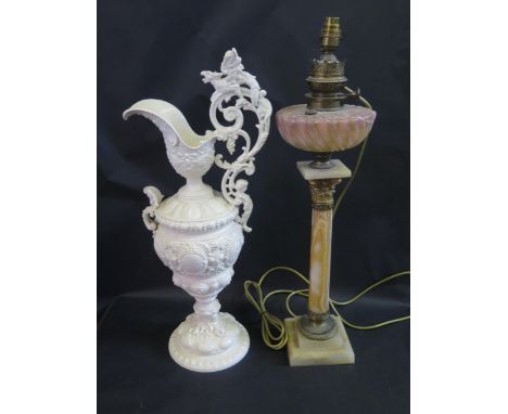 A Painted Metal Ewer (61cm high) and oil lamp (lamp A/F) 