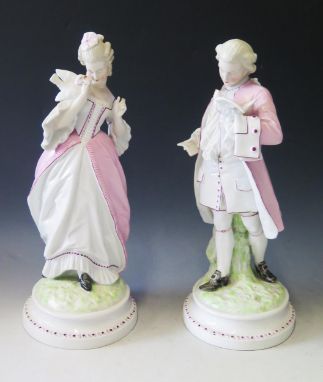 A Pair of 19th Century Dresden Porcelain Figurines of a Gallant &amp; Maid with doves and letters, tallest 36 cm 