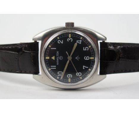An HAMILTON Military Wristwatch, mechanical movement, caseback no. 523_8290 W10-6646-99 12601/73, 35.5 x 32.5mm. Running 