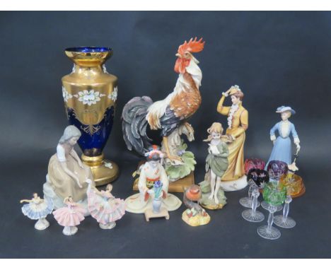 A Selection of Decorative Ornaments including a Royal Crown Derby Robin, Nao, Capo Di Monte, harlequin overlay glasses, etc. 