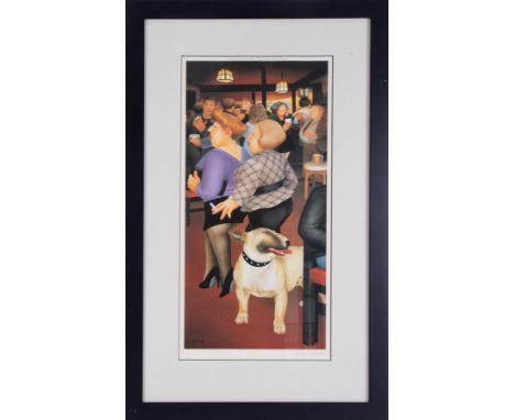 Beryl Cook (1926-2008) 'Dog In Dolphin' signed print, stamped ALH, overall size 76cm x 47cm (including frame), framed and gla