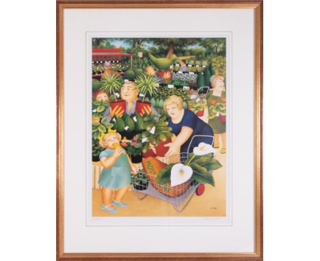 Beryl Cook (1926-2008) 'Garden Centre' signed limited edition print 350/850, overall size 74cm x 59cm (including frame), fram