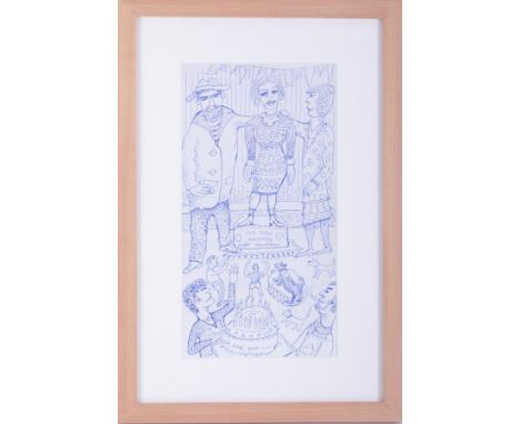 Fred Yates (1922-2008) blue pen sketch 'Our Baby Daughter, Sweet Seventeen', 29cm x 15cm, framed and glazed.