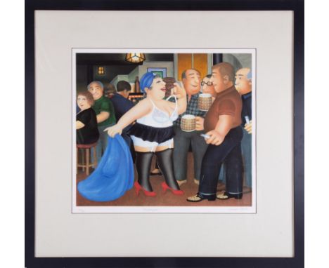 Beryl Cook (1926-2008) 'Strippergram' signed limited edition print 283/395, overall size 86cm x 90cm (including frame), frame