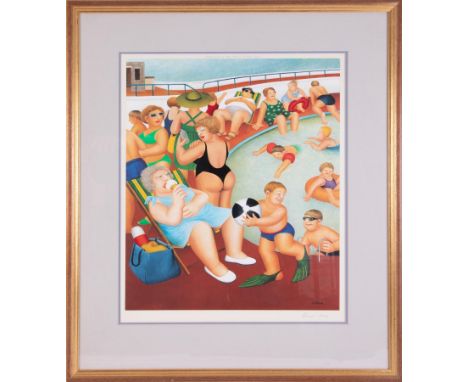 Beryl Cook (1926-2008) 'Bathing Pool' signed print, stamped JDC, overall size 72cm x 60cm (including frame), framed and glaze