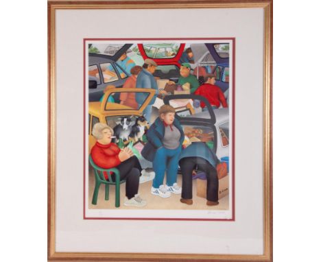 Beryl Cook (1926-2008) 'Boot Sale' signed limited edition print 569/650, overall size 73cm x 63cm (including frame), framed a