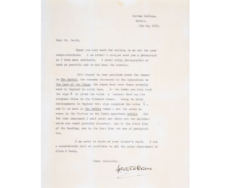Tolkien (J.R.R.) Typed Letter signed to Martin Berry, 1p., Merton College, Oxford, 9th May, 1972, discussing his dislike of b