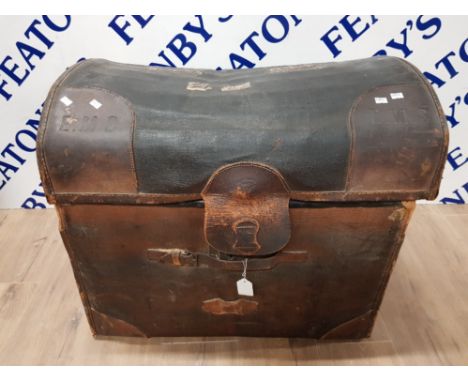 LARGE CANVAS BOUND DOMED TRUNK BY CALVIN HARDY (DISTRESSED WITH WOODWORM) 70 X 62 X 54CM WITH CONTENTS TO INCLUDE MACHINE MAD