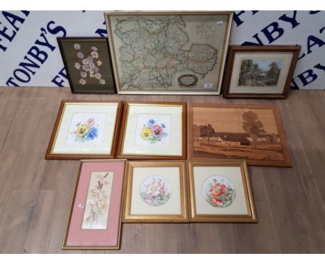 TWO PAIRS OF WATERCOLOURS BY R FALCONER FLOWER STUDIES TOGETHER WITH A REPRODUCTION MAP ETC. 9