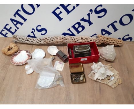 COLLECTABLES TO INCLUDE GOLD PLATED WRISTWATCH BY TECHNOS SEASHELLS BANKNOTES AND COINS MONEY BOX PEN NIBS ETC