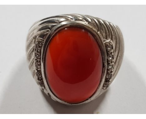 SILVER BROWN STONE RING, 17.7G, SIZE V