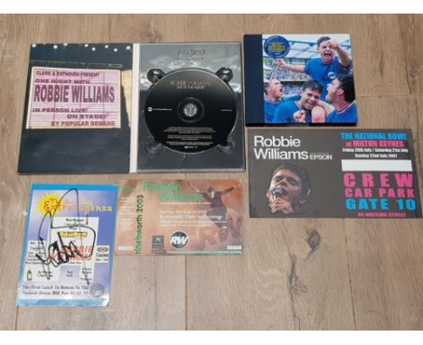 ROBBIE WILLIAMS SOLD OUT 2001 DOWN UNDER CONCERT POSTER, SIGNED POSTCARD, FULL TICKET STUBS, CD AND DVD