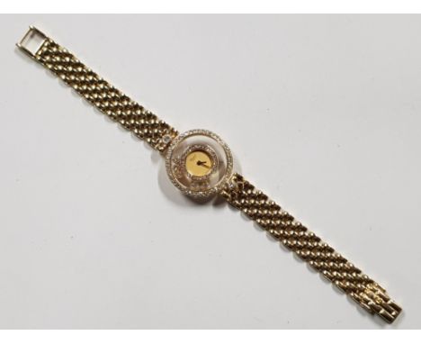 18CT YELLOW GOLD CHOPARD HAPPY DIAMOND WATCH WITH DIAMOND BEZEL AND FIVE FLOATING DIAMONDS ON DIAL, BOX ONLY, 39.8G