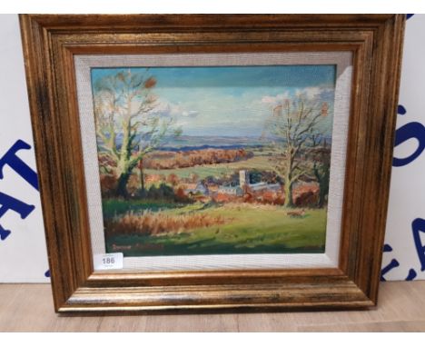AN OIL PAINTING BY ROBIN PURNELL 'WELL CHURCH DECEMBER LIGHT' SIGNED 25 X 29.5CM