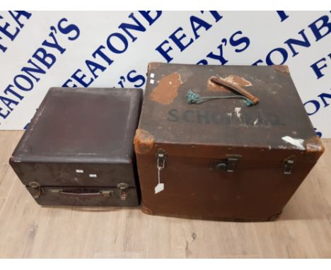 A VINTAGE CANVAS AND LEATHER BOUND TRAVELLING TRUNK INSCRIBED SCHOFIELD 51 X 41 X 41CM TOGETHER WITH A SMALLER CASE
