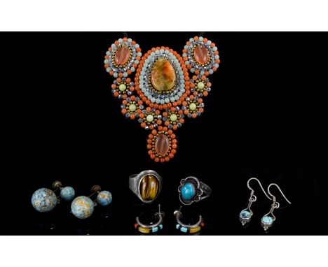 A Collection Of Costume Jewellery Six Items in total to include large and impressive hand beaded crystal set statement neckla