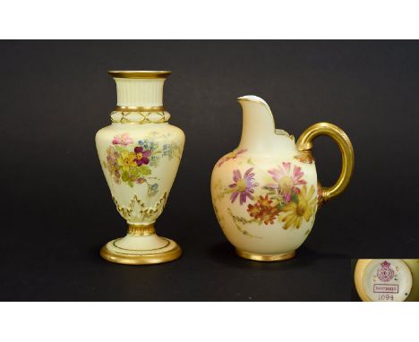 Royal Worcester Blush Ivory Small Helmet Shaped Jug, Decorated with Painted Images of Spring Flowers, Gold Gilt Handle and Bo