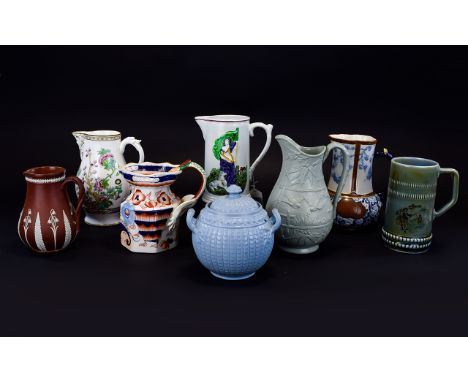 A Fine Collection of Mid to Late 19th Century Ceramic Jugs / Pitchers ( 8 ) Eight In Total. Comprises 1/ Pinder Bourne and Co