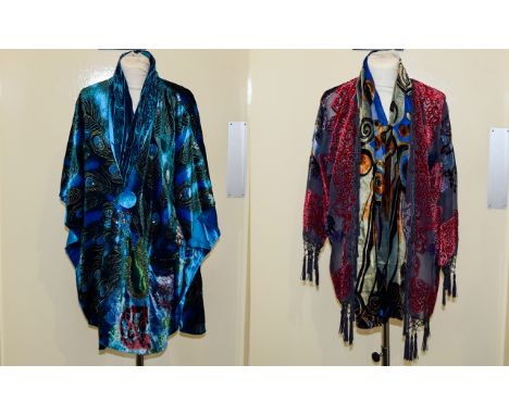 An Embellished Velvet Cape And Devore Scarves Cerulean blue peacock feather print silk cape with Handpainted gold detailing, 