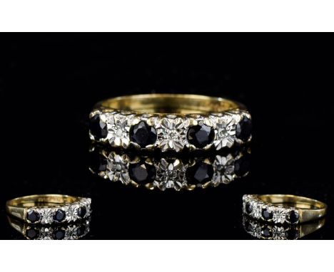 Ladies 9ct Gold Set 7 Stone Sapphire and Diamond Ring. Fully Hallmarked. Ring Size ' K '. As New Condition. 