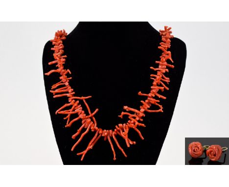A Vintage Coral Necklace And Earrings Long natural coral 1950's necklace with graduated coral branch detail. Also, a pair of 