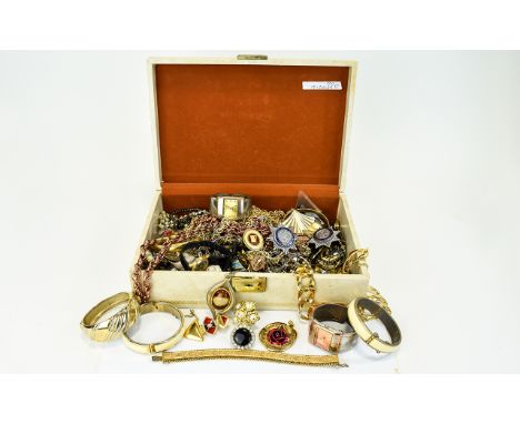 A Large Collection Of Costume Jewellery 1980's vinyl jewellery box containing various items of costume jewellery and findings