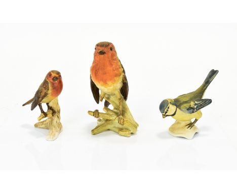 Goebel Bird Figures ( 3 ) Comprises 1/ Robin - Large. 5 Inches High. 2/ Robin - Small. 3.5 Inches High. 3/ Blue Titmouse. 3.5