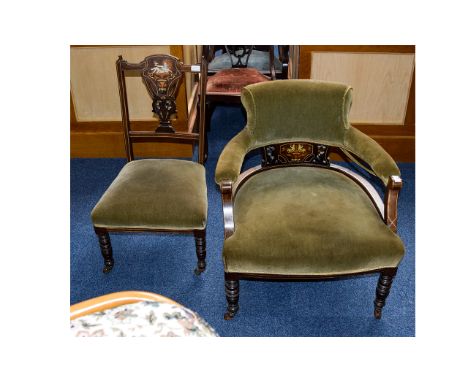 Antique Tub Chair And Matching Bedroom Chair Each in dark wood with light stringing detail and inlaid back with floral and pu