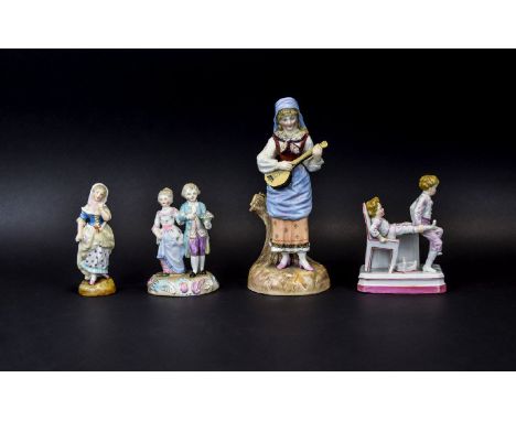 Four Various Ernst Bohne Sohne Figure/Groups, the tallest being a figure of a peasant girl playing a banjo, with a semi-glaze